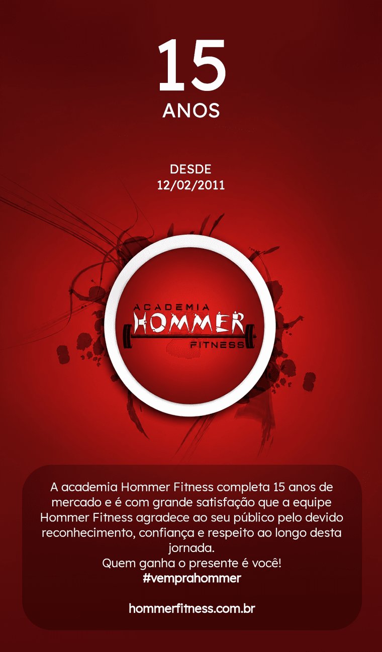 Poster de aniversário de 15 anos da academia Hommer Fitness com arte comemorativa.